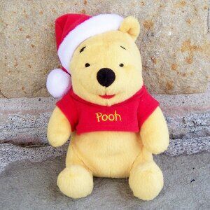 Vintage Disney Winnie the Pooh Small Beanie Plush Bear with Christmas Santa Hat